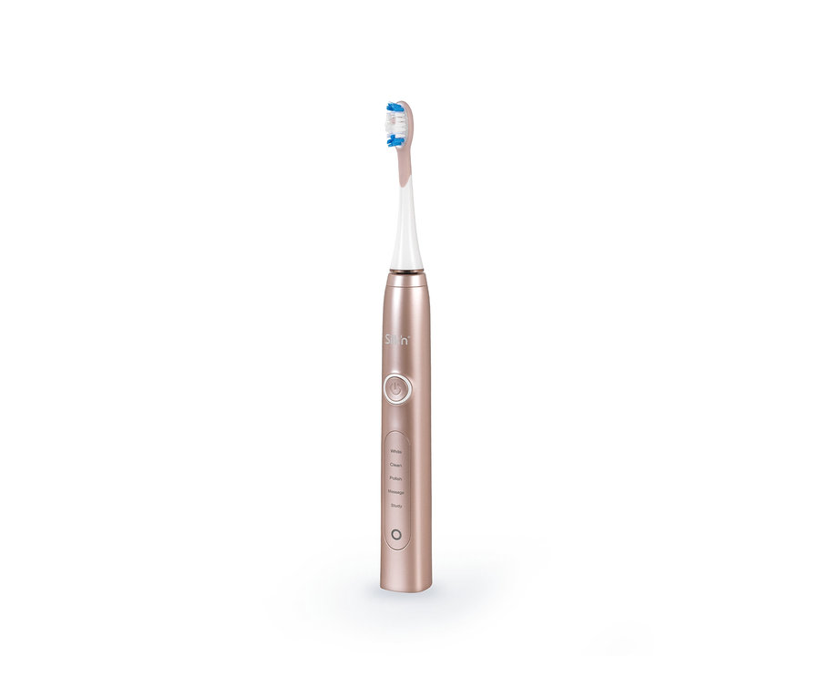 Detailaufnahme einer roségoldenen Silk'n® SonicSmile Schallzahnbürste.