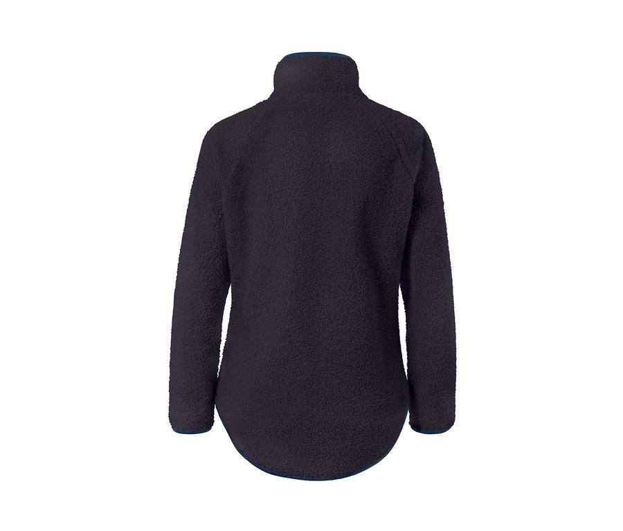 Dunkelblaue Teddyjacke mit langen Ärmeln und blauem Saum.