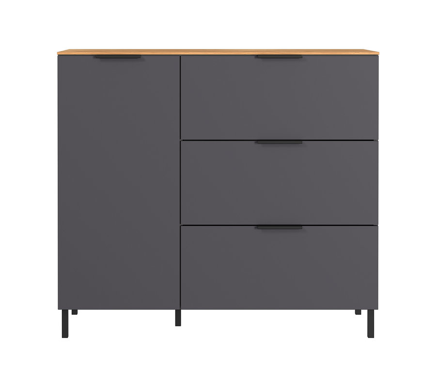 Abgebildet ist eine graphitfarbene Kommode »CALIFORNIA« mit Schubladen und einer Tür sowie ein kleines Sideboard »CALIFORNIA«.