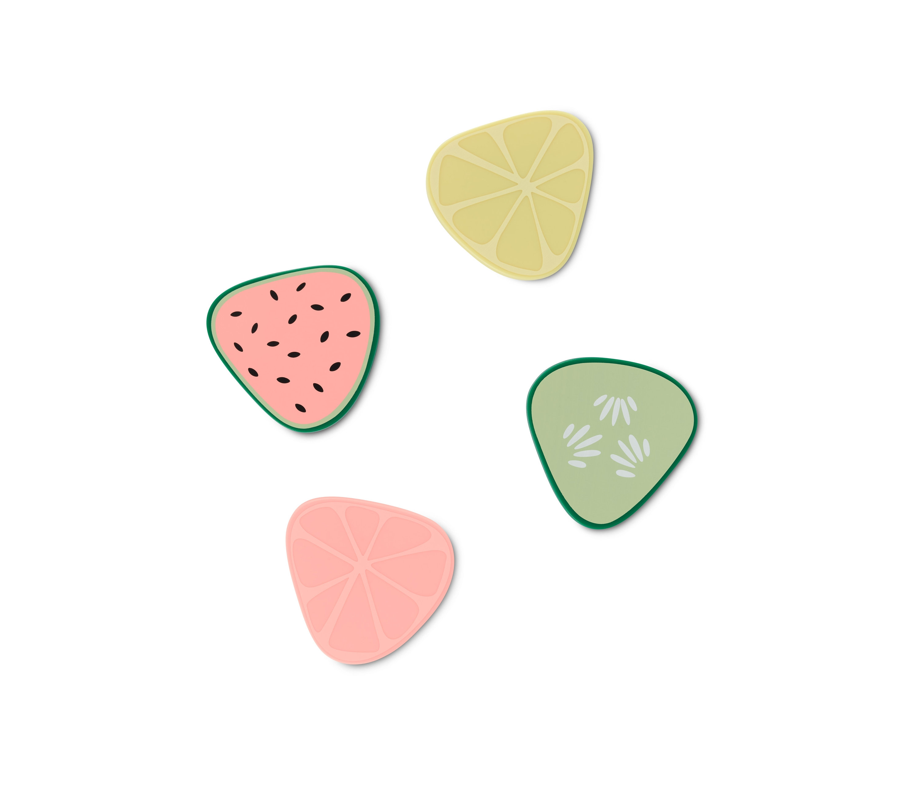 Vier Kühlschrankmagnete in Form von Wassermelone, Zitrone, Grapefruit und Gurke.