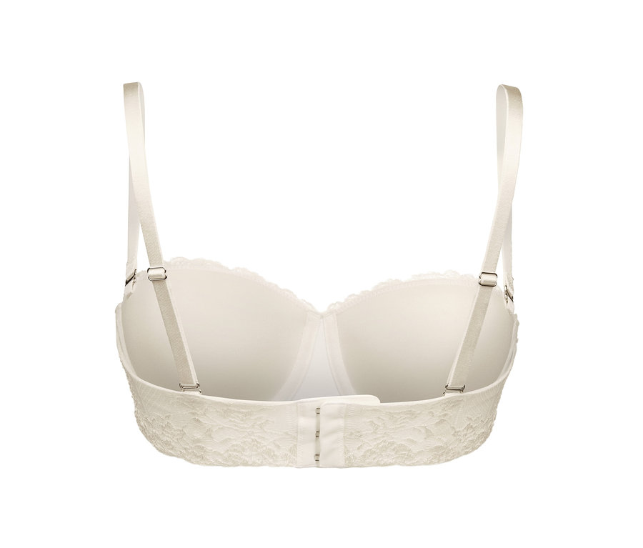 Detailansicht von hinten eines cremefarbenen Multistyle-BHs mit Spitze.