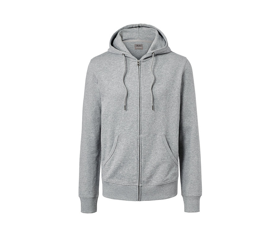Graue Sweatjacke mit Reißverschluss und Kapuze.