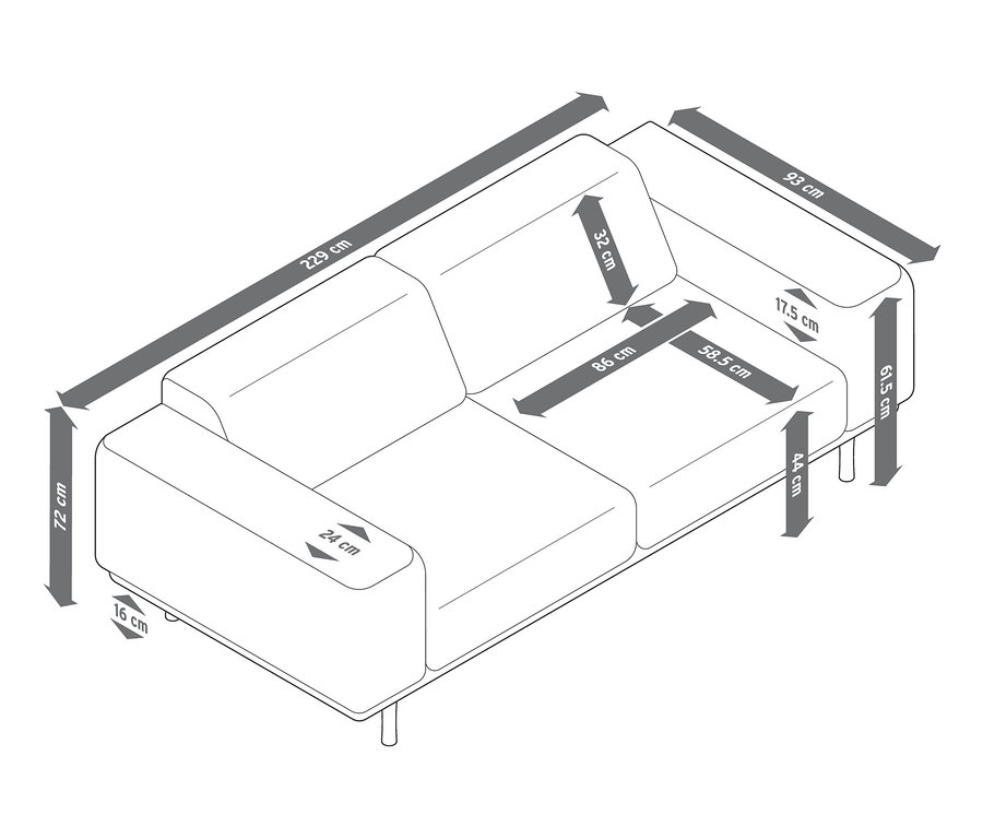 Die Maße des blau-grauen SCAPA 3-Sitzer-Sofas sind mit Pfeilen dargestellt.