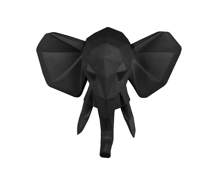 Schwarze Wanddekoration »Origami Elephant« vor weißem Hintergrund.