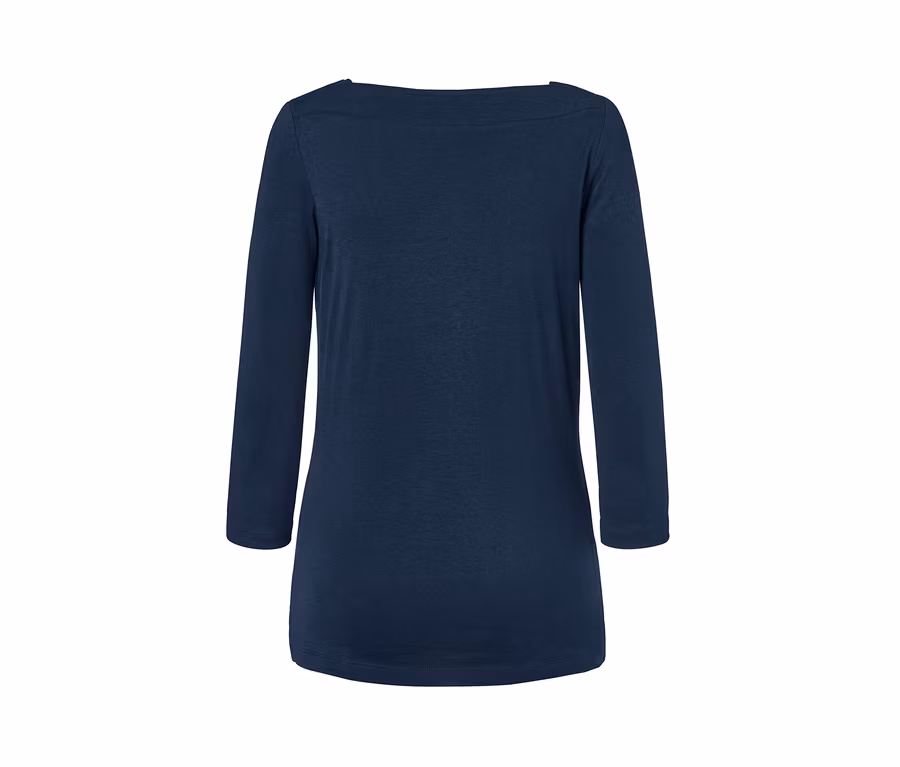 Rückansicht eines dunkelblauen Shirts mit 3/4-Arm.