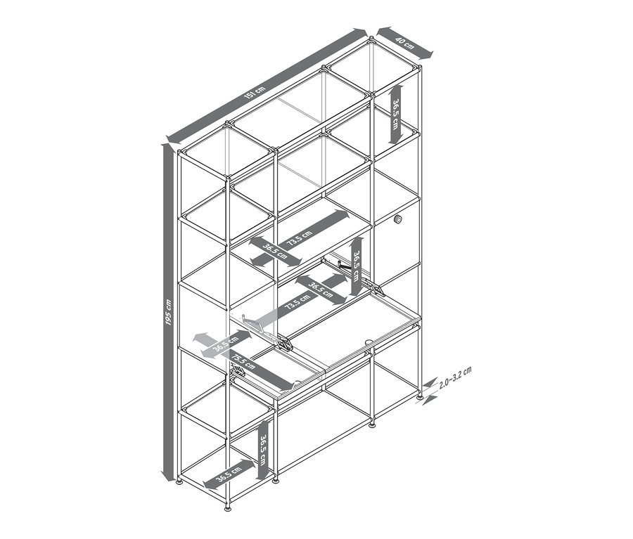 Abbildung eines hohen Glas-Metall-Regals »CN3«, 3er, mit versetzbaren Klappenfächern, weiß.