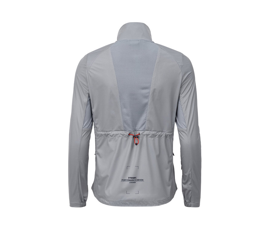 Rückansicht der hellgrauen Laufjacke.