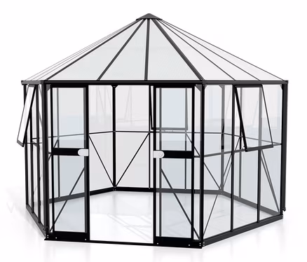 Detailansicht des schwarzen Vitavia Gewächshaus Pavillon 9 m² inkl. Fundamentrahmen.