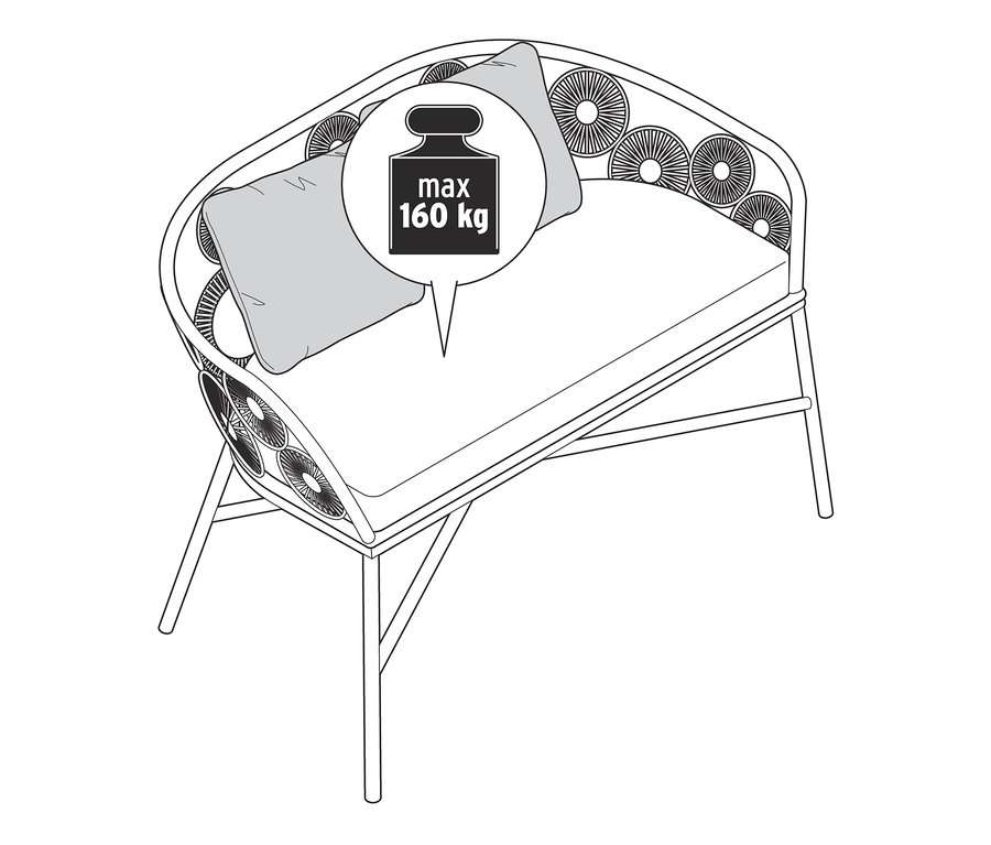 Illustration einer Bank mit Blumenmuster und zwei Kissen. Maximale Tragkraft 160 kg.