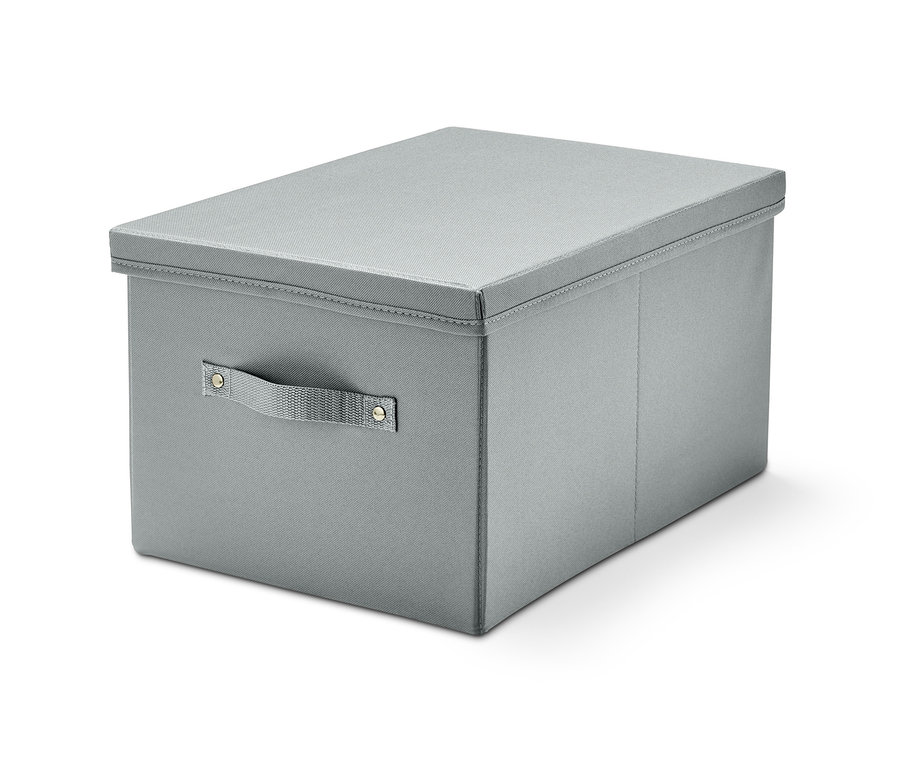 Graue Ordnungskiste mit Deckel.