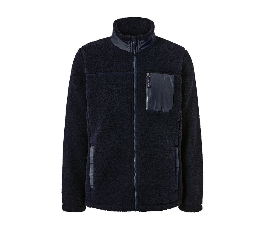Eine marineblaue Teddyjacke mit einem Reissverschluss vorne und einer Reissverschlusstasche.