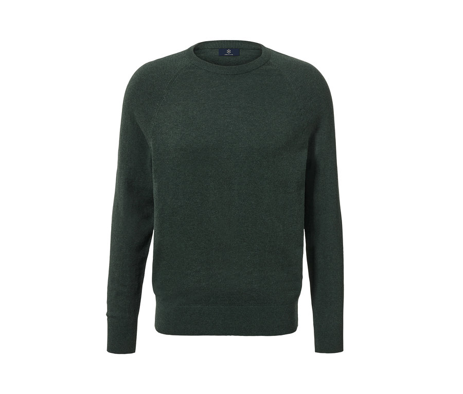 Dunkelgrüner Pullover mit Rundhalsausschnitt.