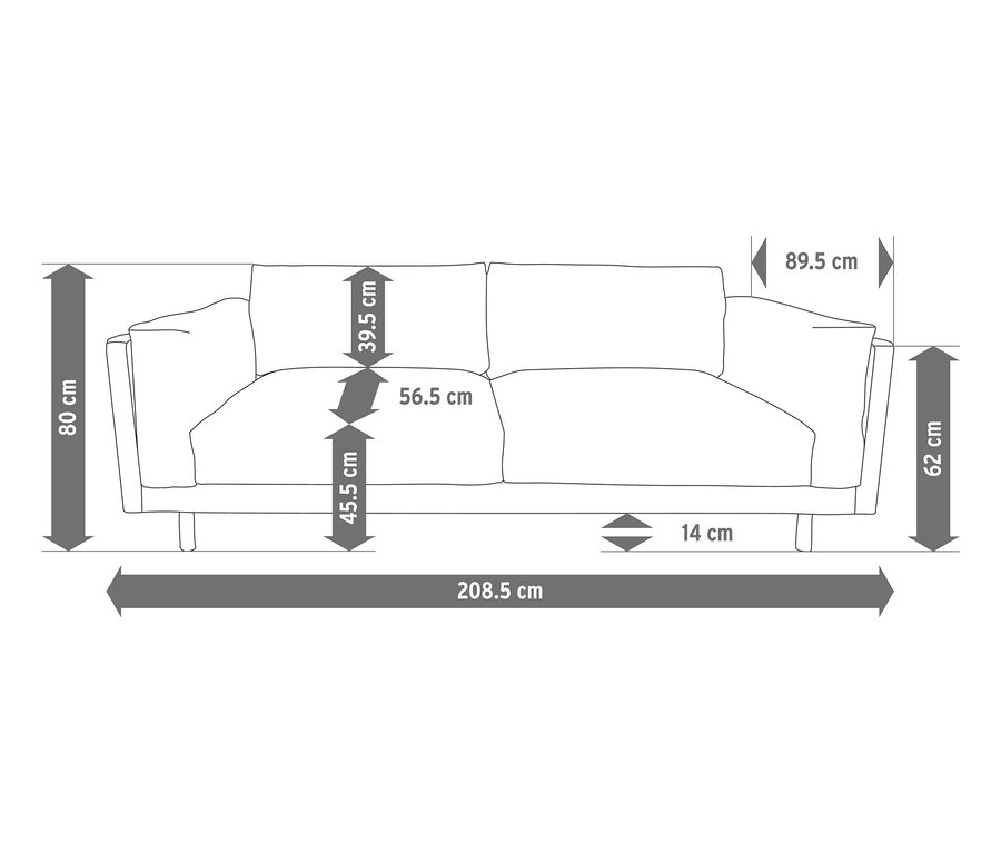 Abmessungen des beigen 2,5-Sitzer-Sofas.