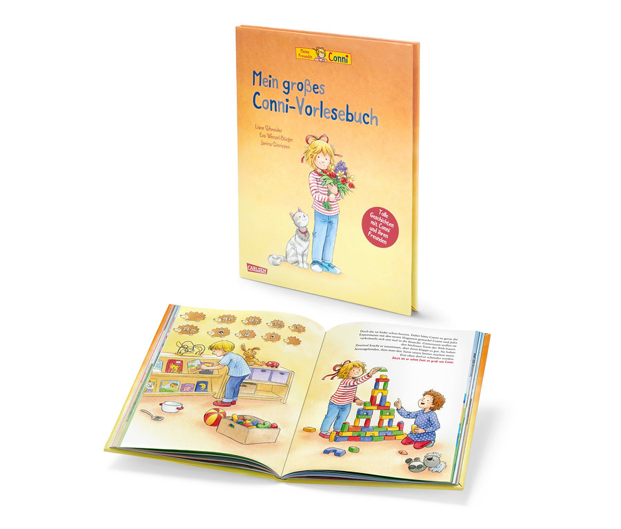 Aufgeschlagenes Buch mit Illustrationen, im Hintergrund ein Buch »Mein großes Conni-Vorlesebuch«.