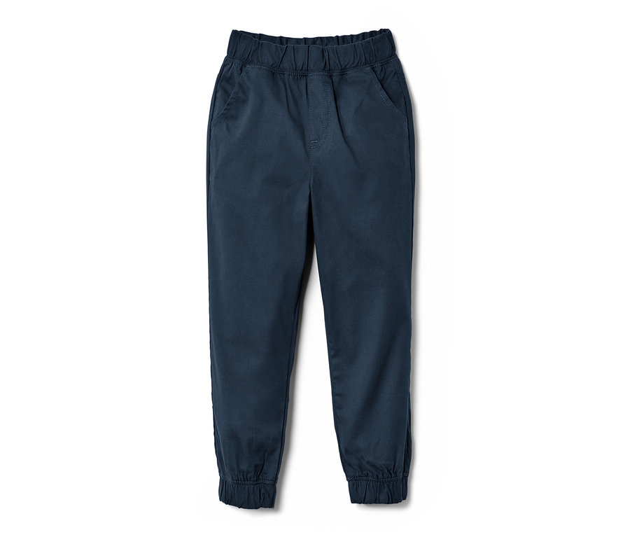 Eine dunkelblaue Kleinkinder-Schlupfhose mit Gummibund und Bündchen an den Beinenden.