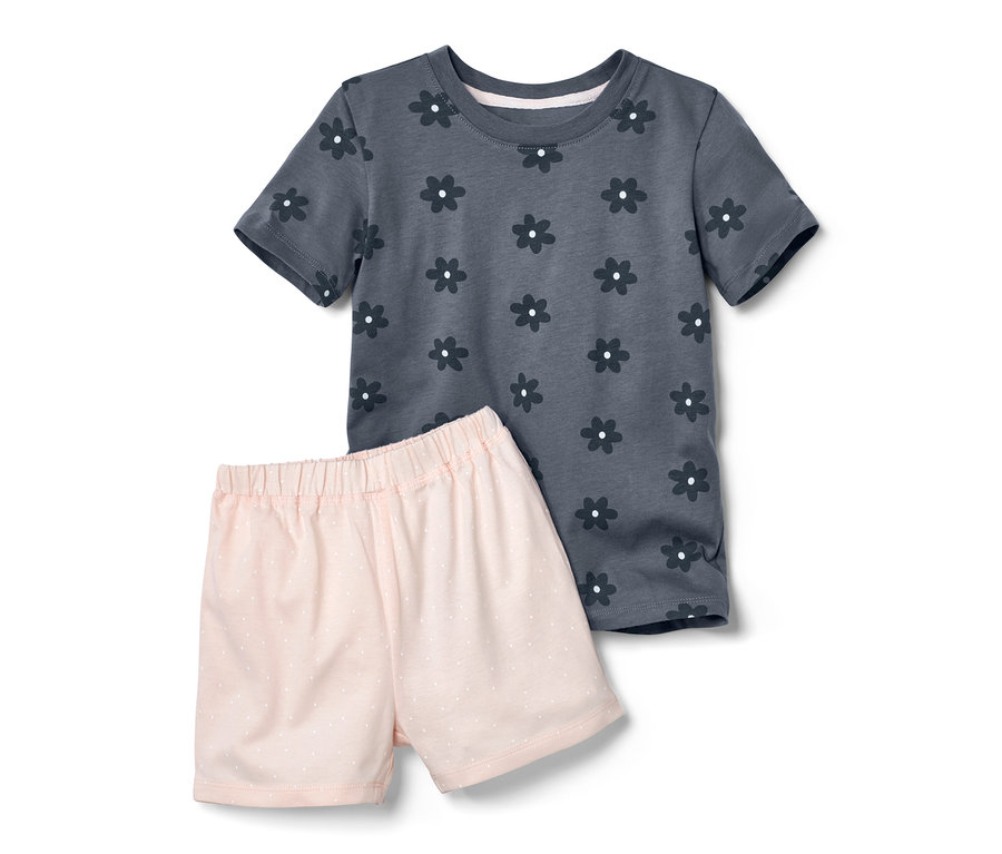 2 Kleinkinder-Pyjamas, kurzärmelig, mit Blumenmuster.