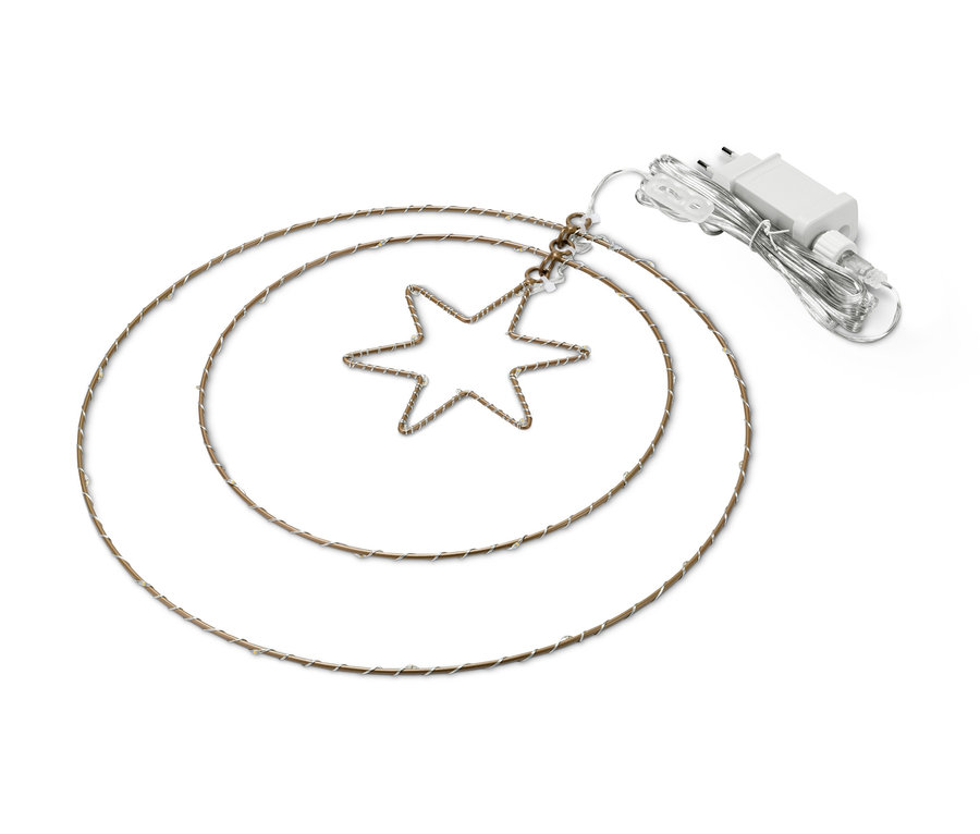 LED-Ringe und Stern mit Netzteil auf weißem Hintergrund.