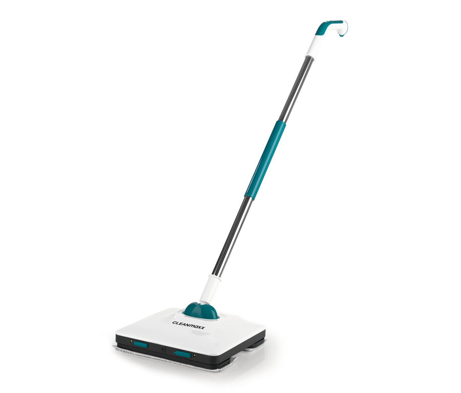 Elektrischer Vibrations-Mopp mit Teleskopstange aus Edelstahl und weißem Reinigungskopf mit CleanMaxx-Logo.