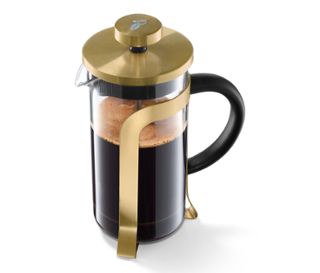 Kanne: transparent<br>Gestell: gold<br>Henkel und innerer Teil Deckel: schwarz