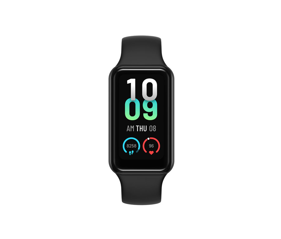 Schwarzer Amazfit Band 7 Aktivitätstracker zeigt die Zeit 10:09 und das Datum Do 08.