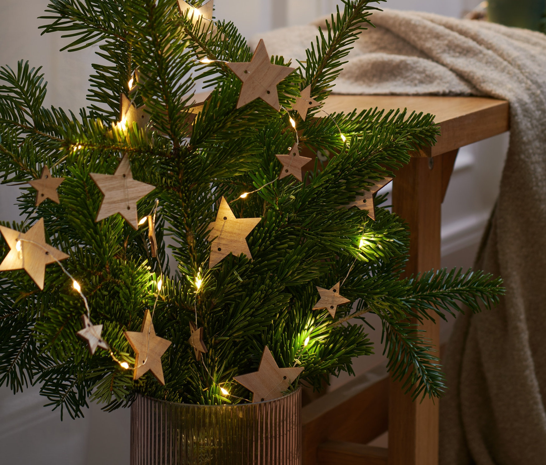 Zweig in Vase mit LED-Lichterkette und Holzsternen.