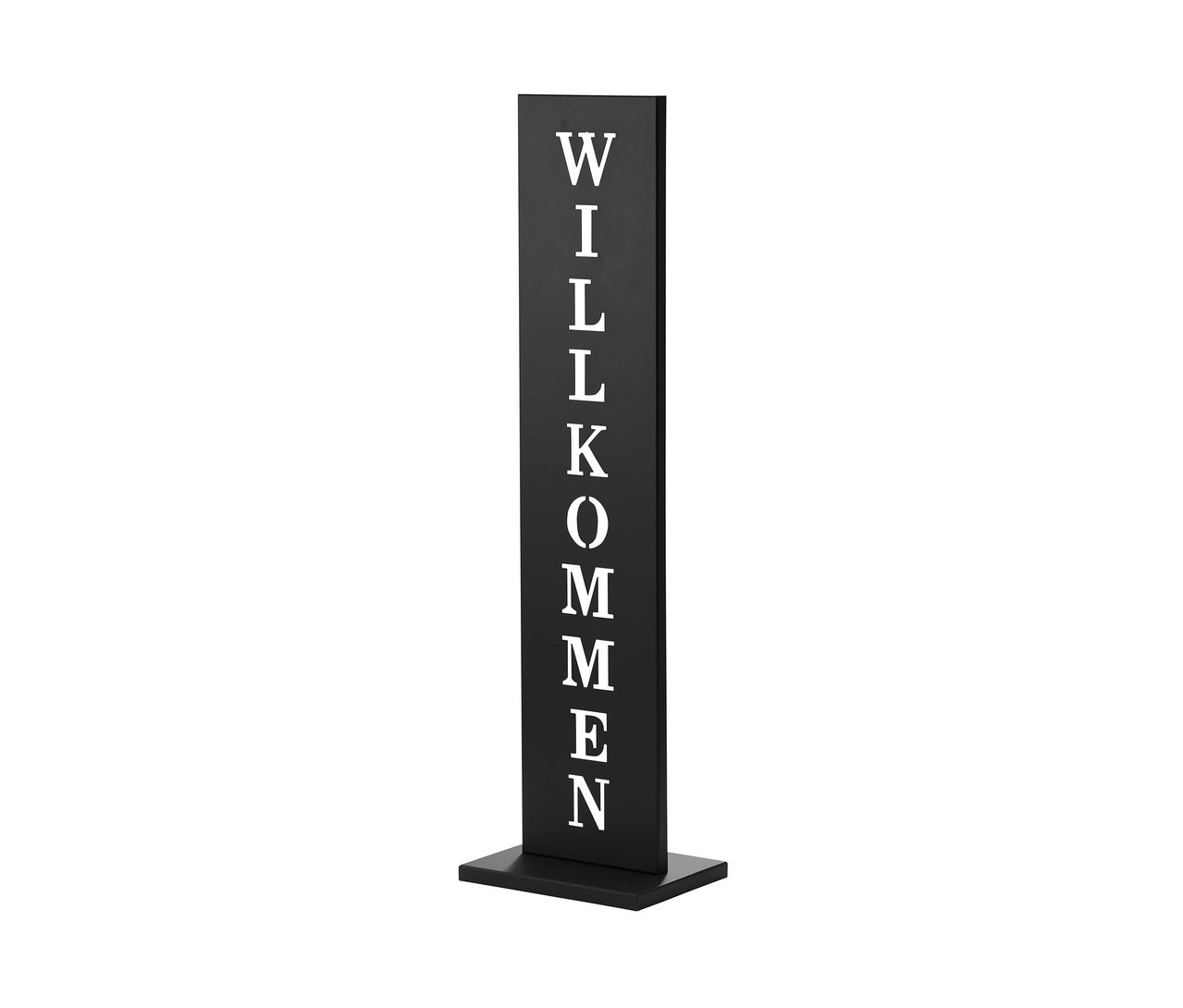 Schwarzes Standschild »Willkommen«.