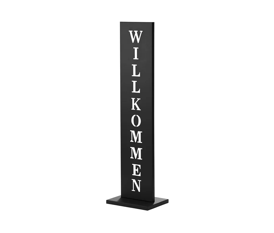 Schwarzes Standschild »Willkommen«.