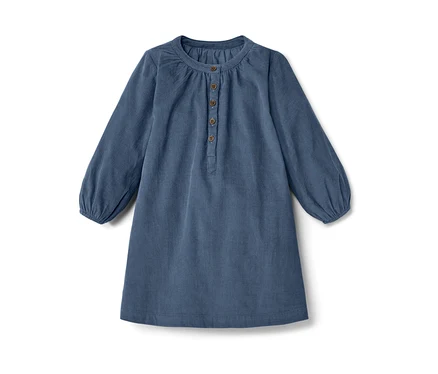 Blaues Kinder-Cordkleid mit langen Ärmeln und Knöpfen.