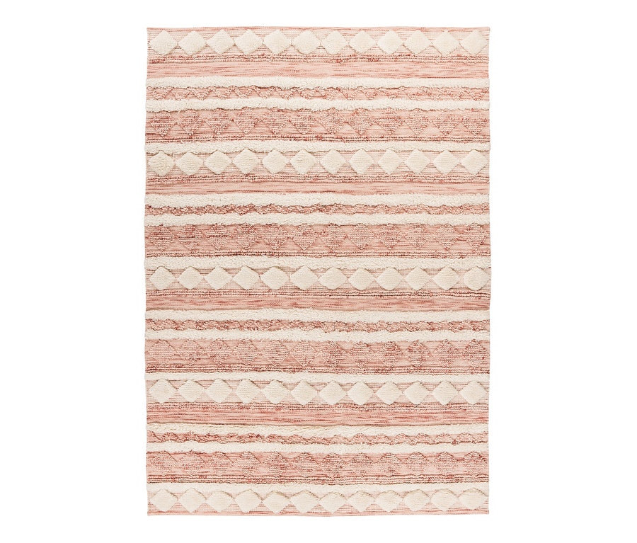 Detailansicht des Kayoom Wollteppichs »Bohist 225« mit geometrischem Muster in Rosa- und Cremetönen.