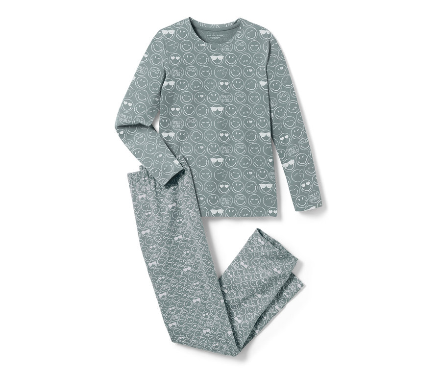 Grauer Kinder-Pyjama »Smiley«, bestehend aus einem langärmeligen Oberteil und einer Hose mit Smiley-Gesicht-Print.