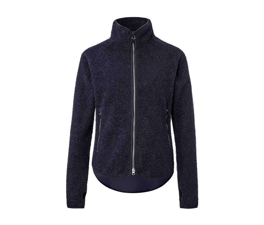 Marineblaue Teddyfleece-Jacke mit Reißverschluss in der Mitte.