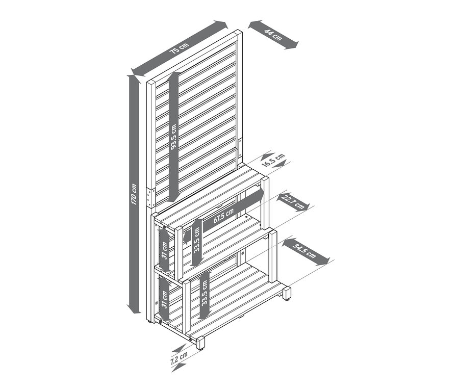 Abbildung des Sichtschutz-Regal-Moduls »Elin« mit Maßangaben.