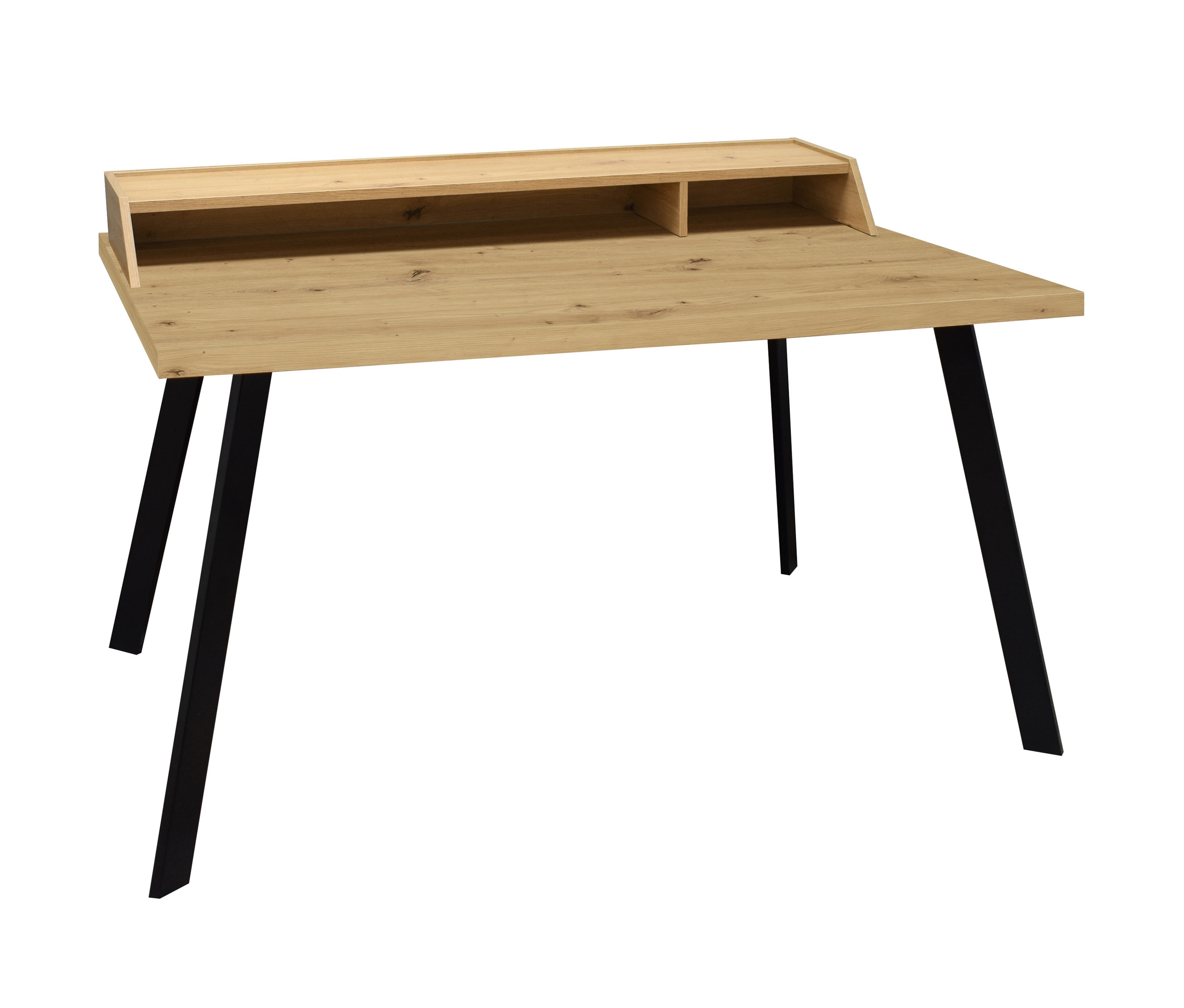 Ein hellbrauner Schreibtisch mit schwarzen Beinen.