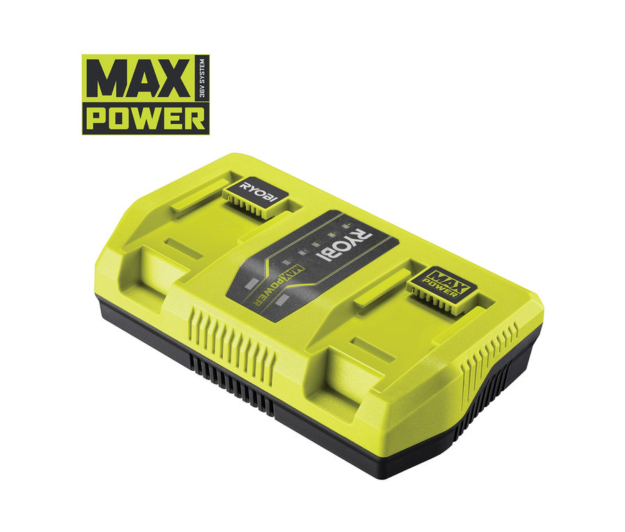Gelb-schwarzes RYOBI 36 V MAX POWER 2-fach-Parallel-Schnellladegerät, 6,0 A Ladestrom.