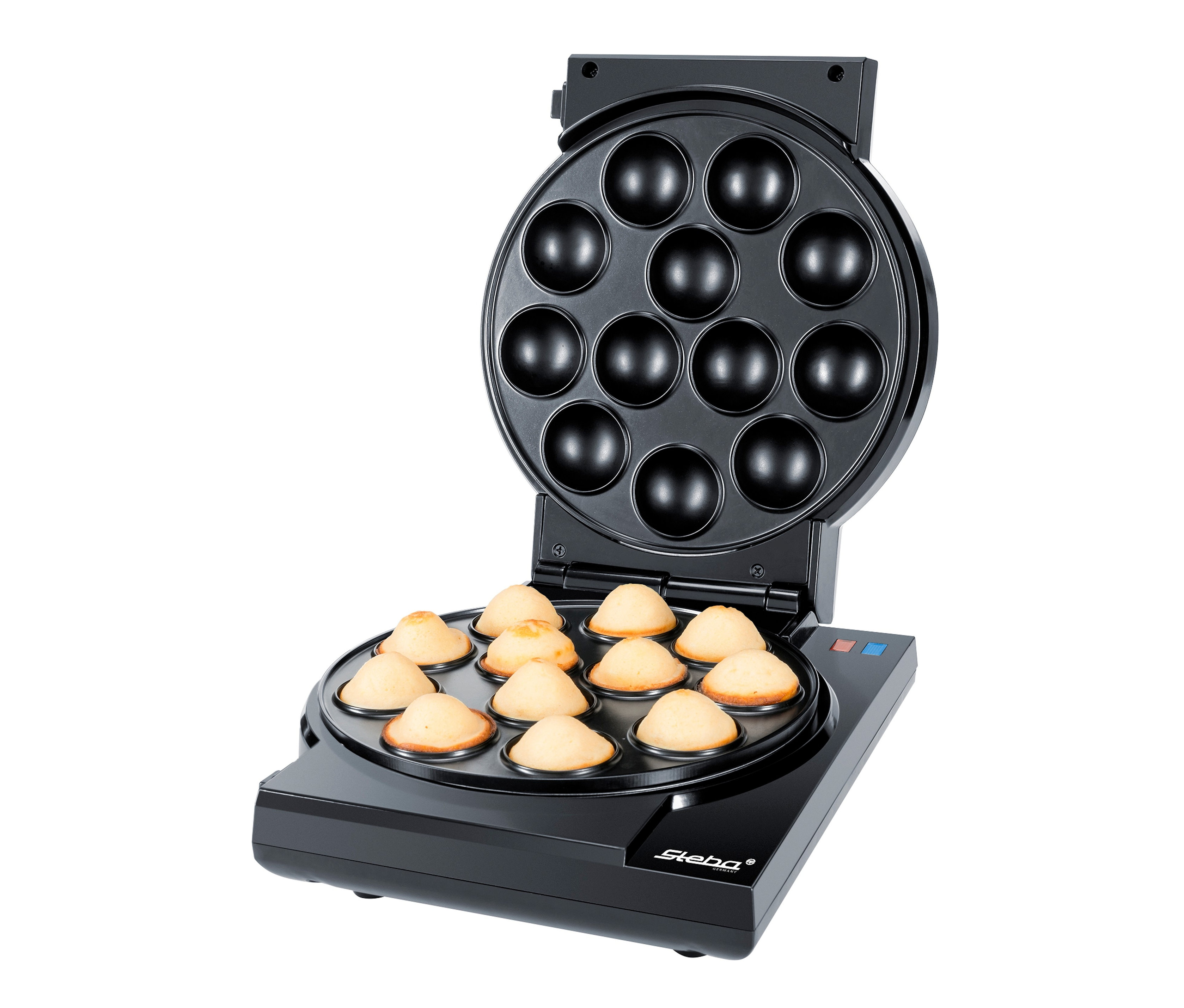 Offener, schwarzer Steba Cake-Maker 3-in-1 "CM 3" mit gebackenen Küchlein in den Vertiefungen.