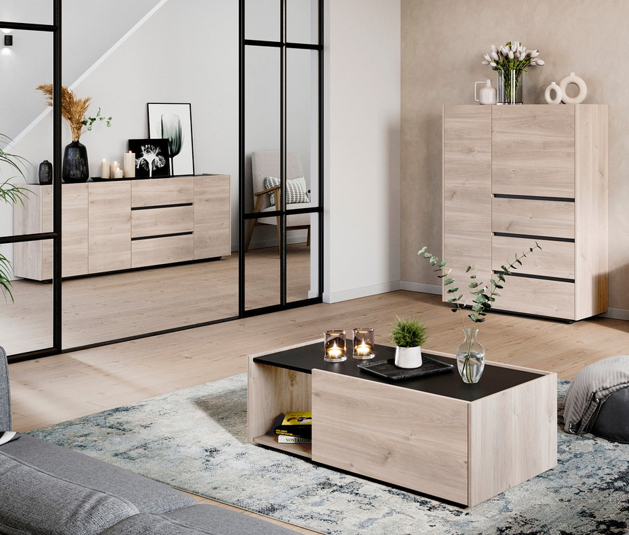 Wohnzimmer mit grauem Sofa, Couchtisch und Fernseher. Im Hintergrund Highboard »Cantoria«, Sideboard »Cantoria« und Lowboard »Cantoria«.