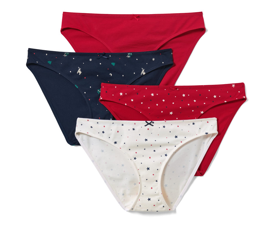 Vier Slips in verschiedenen Farben und Mustern.