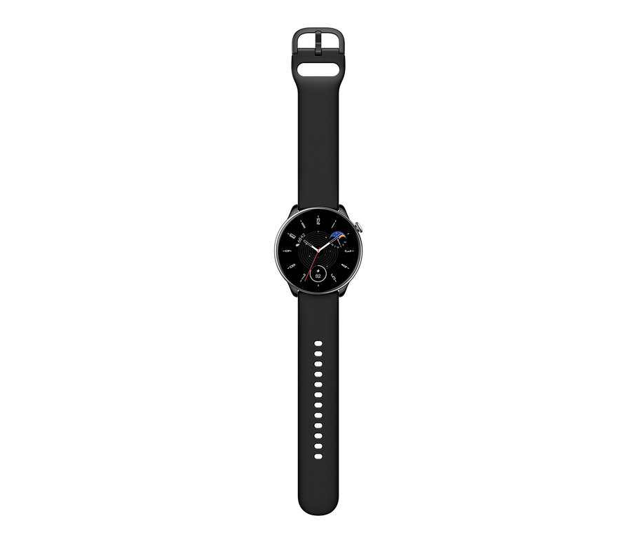 Eine schwarze Smartwatch mit einem schwarzen Armband. Amazfit GTR Mini Smartwatch, schwarz