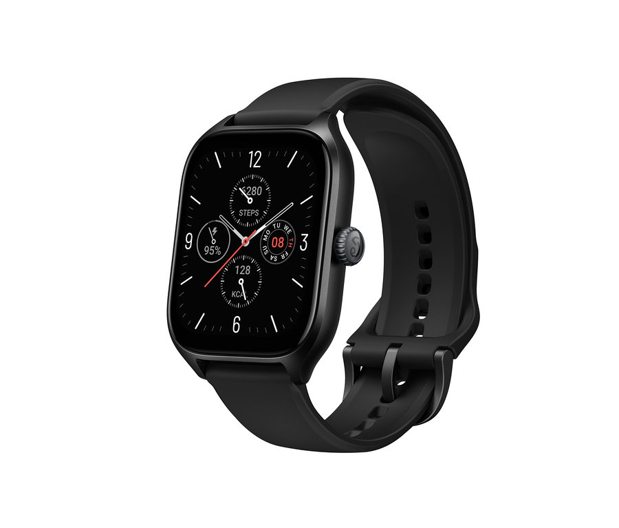 Detailansicht einer schwarzen Smartwatch mit schwarzem Armband.