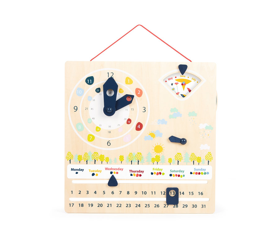 Die small foot Lernuhr mit Kalender »Educate« aus Holz zeigt Uhrzeit und Datum.
