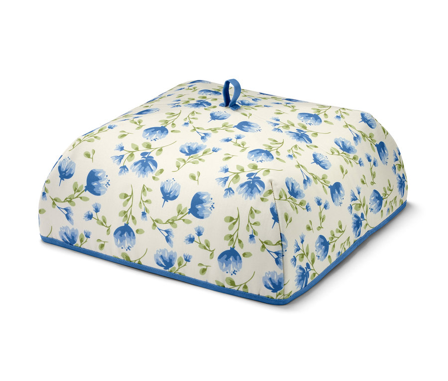 Thermo-Abdeckhaube mit blauem Blumenmuster auf weißem Grund.