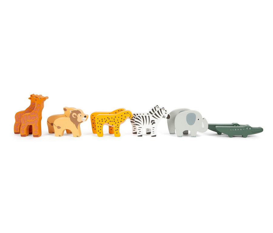 Holzspielzeugtiere: Giraffen, Löwen, Geparden, Zebras, Elefanten und Krokodile.