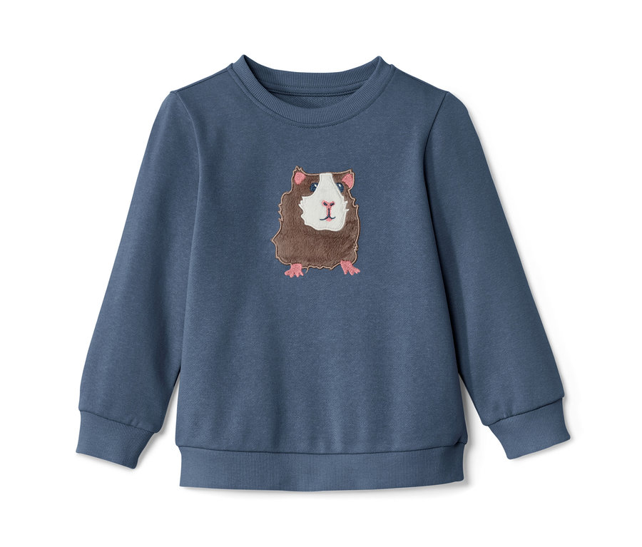 Blaues Kleinkind-Sweatshirt mit einem Meerschweinchen-Motiv.