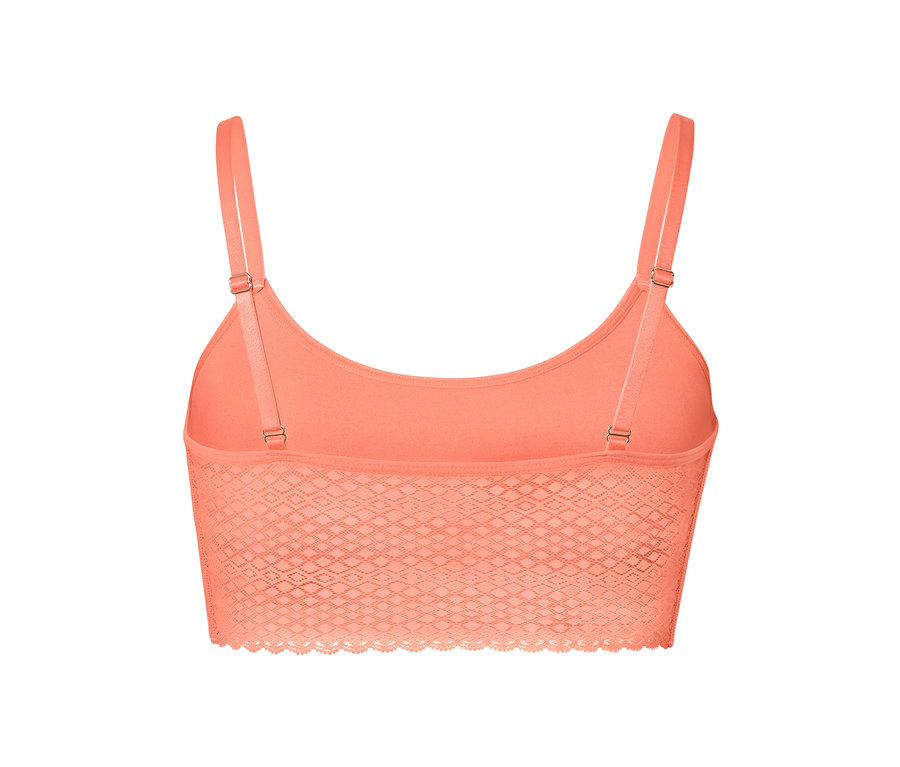 Rückansicht eines korallenfarbenen Seamless-Bustiers mit Spitze.
