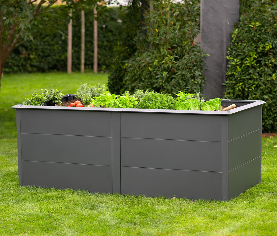 Ein graues Hochbeet mit Gemüse und Tomaten auf einer Rasenfläche.
