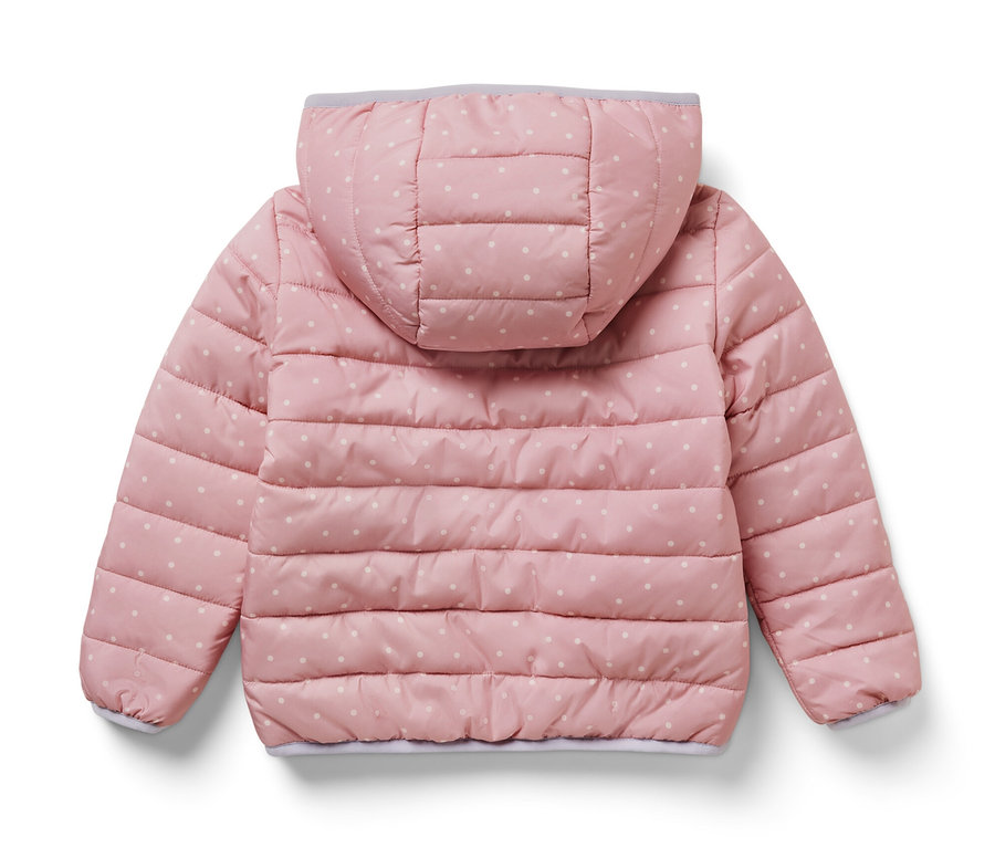 Altrosa Kinder-Steppjacke mit weißen Punkten und Kapuze von hinten.
