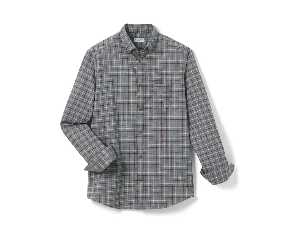 Graues Flanell-Hemd mit langen Ärmeln.