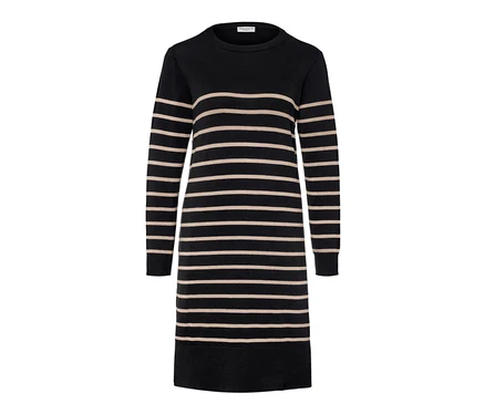 Gestreiftes Feinstrickkleid in Schwarz und Beige.