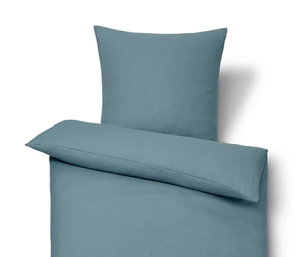 Blaue Leinen-Bettwäsche in Normal- und Übergröße.