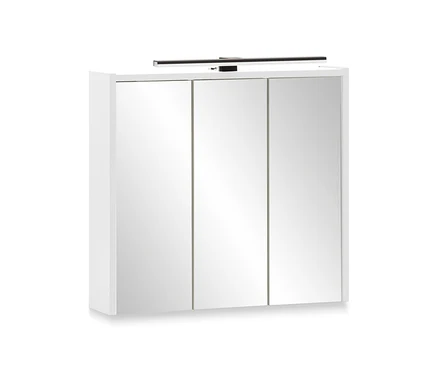 Weißer Spiegelschrank »Katta« mit drei Spiegeltüren und Beleuchtung oben.